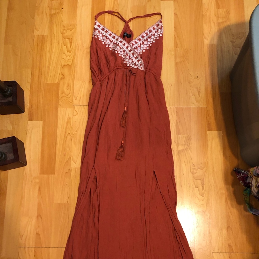 Crystal sky burnt orange embroidered maxi dress